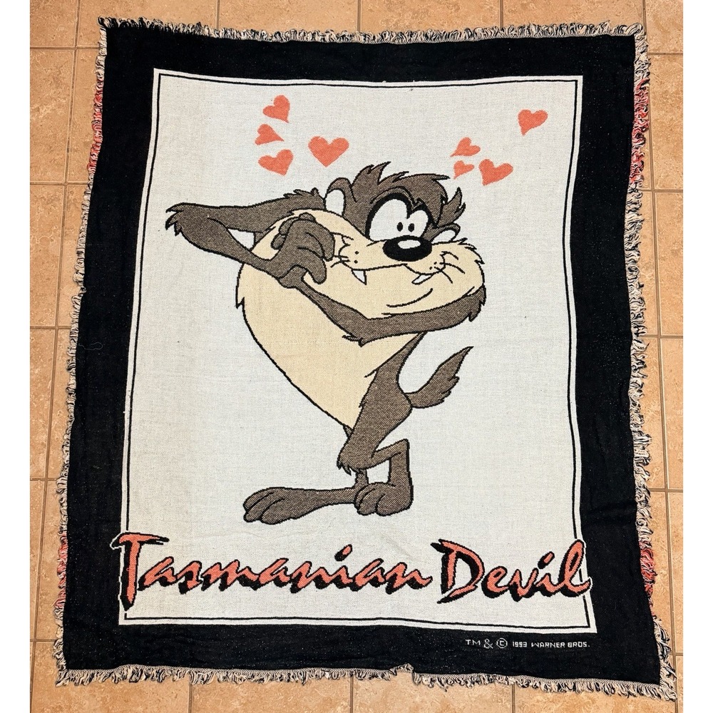Vintage 1993 Taz Tasmanian Devil Throw Blanket Afghan 59x50 Warner Bros USA
